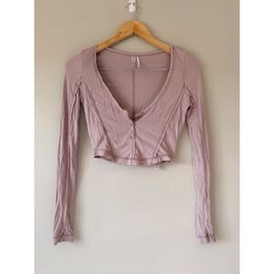 Out From Under Urban Outfitters Ribbed Henley Crop Top Long Sleeve Mauve S